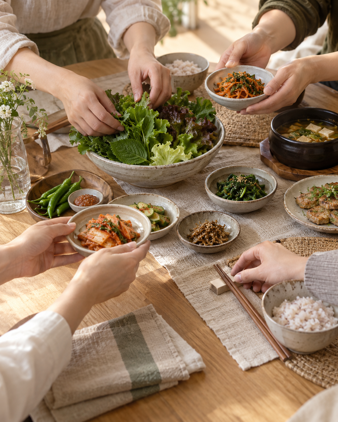 AI로 제작한 이미지: 여러 사람이 채소와 반찬을 나누며 함께 식탁을 준비하는 모습