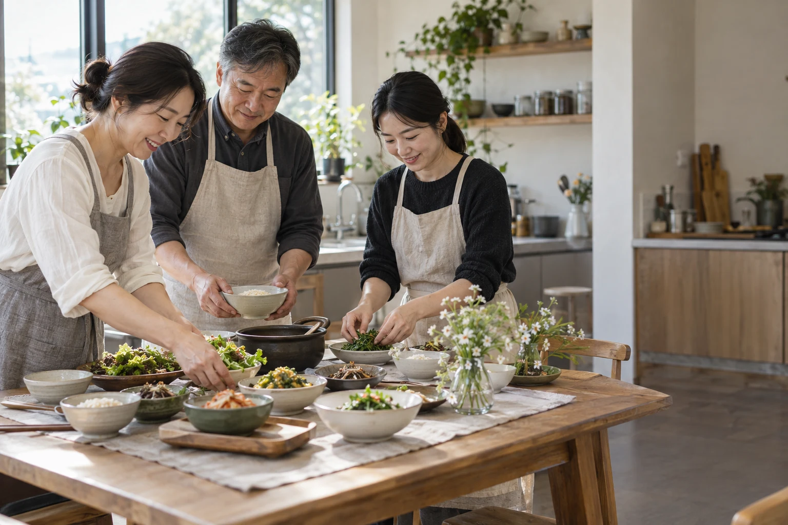 한국인들이 함께 지역 먹거리 식탁을 준비하는 모습 — AI 제작 이미지