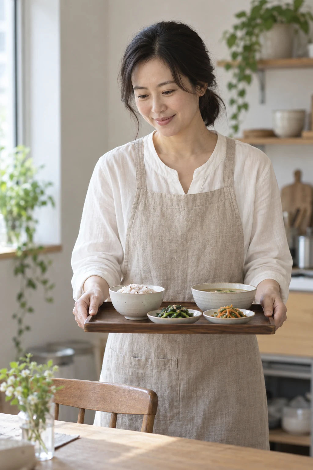 한국인 여성이 정성껏 준비한 식사를 건네는 모습 — AI 제작 이미지