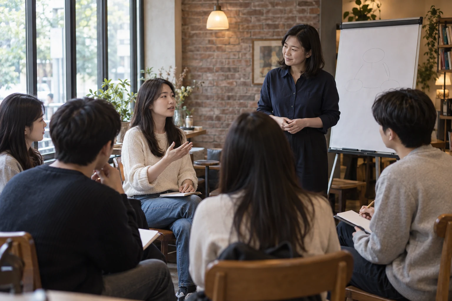 한국인 청년들과 진행자가 카페 공간에서 교육과 대화를 나누는 모습 — AI 제작 이미지