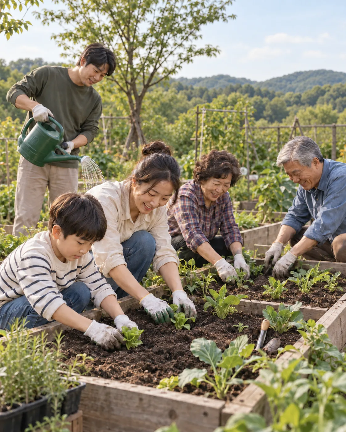 이웃들이 함께 텃밭에 모종을 심는 모습 — AI 제작 이미지