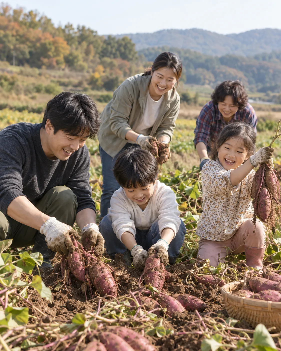 가족들이 밭에서 함께 고구마를 캐는 모습 — AI 제작 이미지