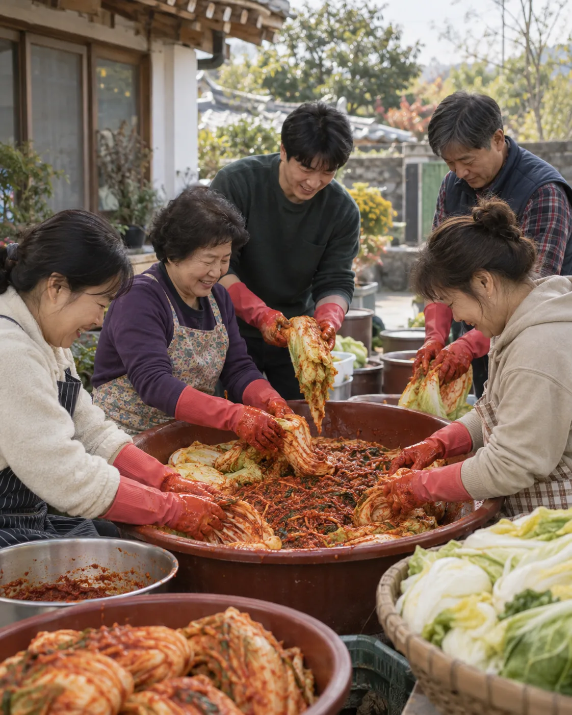 여러 사람이 함께 배추에 김장 양념을 바르는 모습 — AI 제작 이미지
